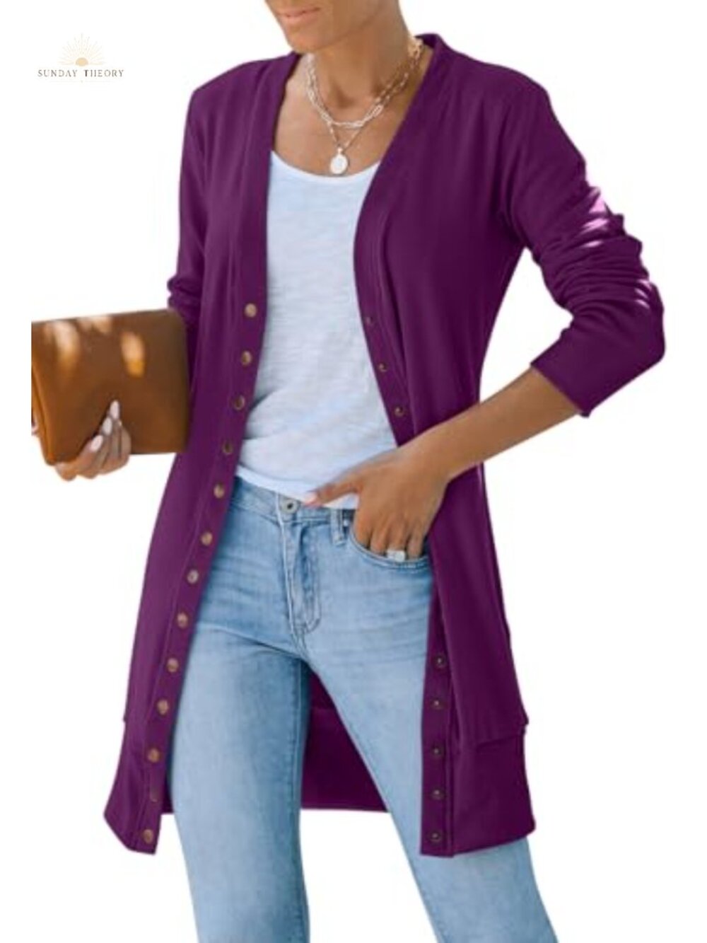 Lightweight Button Up Long Cardigan Sweater V-Neck Snap Knit Casual